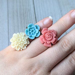 Floral Resin Rings Set of 3 - Blue Cherry Blossom, Cream Dahlia, Pink Rose